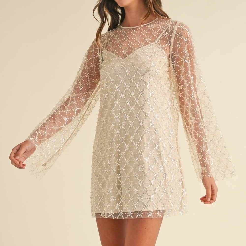 MABLE Cream Sequin Long Sleeve Dress NEW WITH TAGS